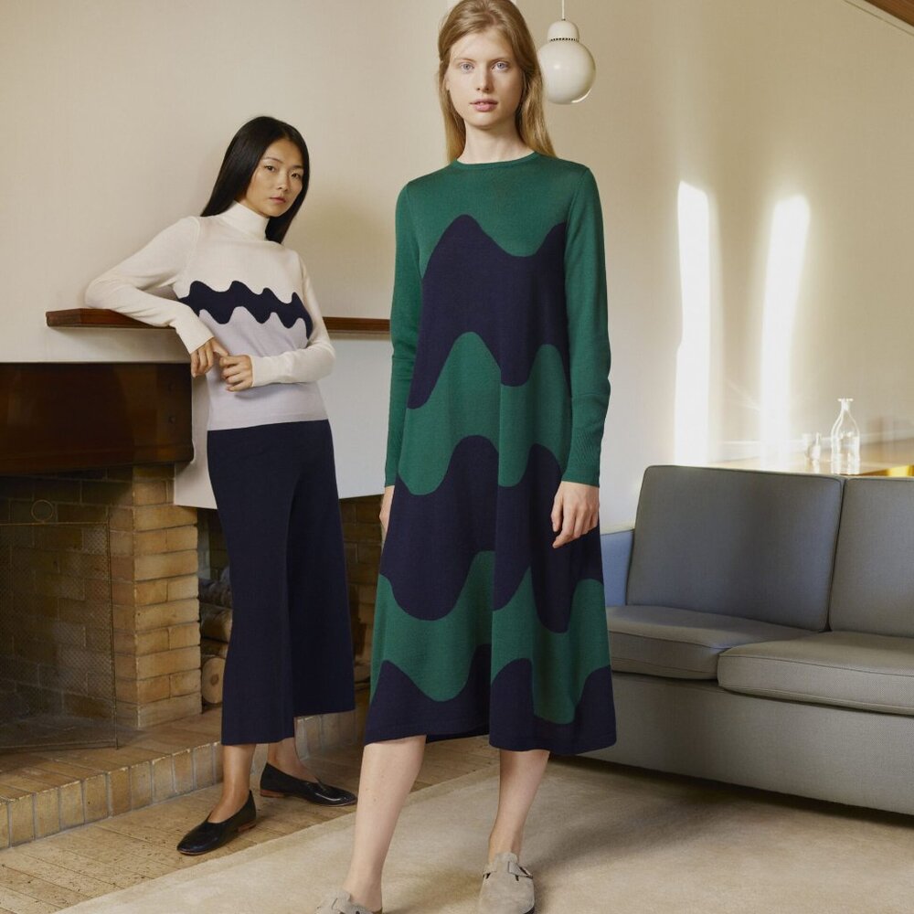 Marimekko Uniqlo collab knit dress wool acrylic sz XS Green silhouettes sweater